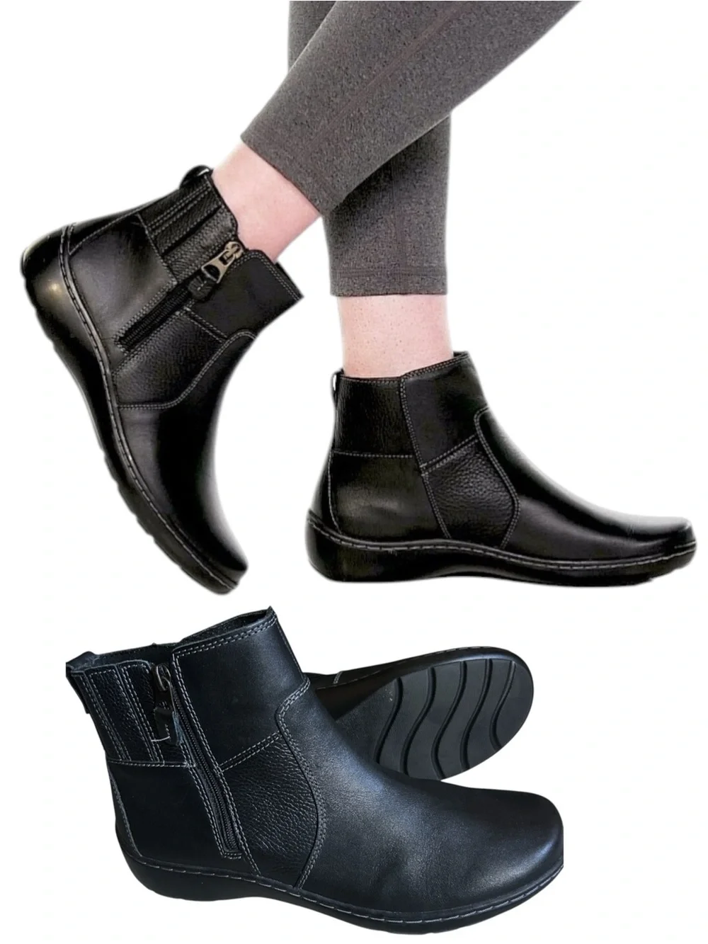 CLARKS “Cora Grace” Black Leather Zip-Entry Ankle Boots Women’s Size 9